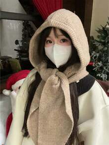 1pc Women's Solid Color Knitted Scarf & Hat Set, New Fashion Balaclava Hat, Casual Versatile Knit Neck Warmer Shawl, Autumn/Winter Cold-Proof Warm Beanie, Suitable For Daily Use - A - View 4