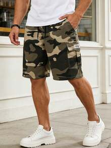 Men's Summer Camo Cargo Shorts With Flap Pockets And Drawstring Waist - Green - View 3