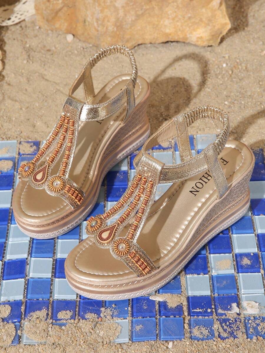 女士串珠水钻装饰坡跟波西米亚风凉鞋，适合青少年，夏季 - 香檳色 - 查看 1