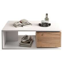 Coffee Table 90 X 50 X 30 Cm, 360° Swivel Drawer, Coffee Table With 1 Drawer, High-Gloss Lacquered Living Room Table With Open Storage Space, Side Table, White And Wood Finish - White + Natural Wood Color - View 10