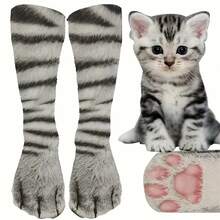 1 Pair Of Realistic 3D Cat And Dog Paw Print Pattern Socks - Featuring Tabby, Tuxedo, British Shorthair Kitten/Puppy Paw Prints - Fun Pet Theme Role Play And Theme Party (Hand Washable) - 1 đôi giày hiệu White Cat - Xem 2