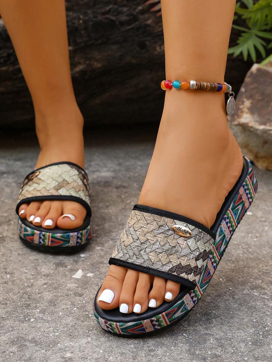 Bohemian Open Toe Thick Sole Women's Slide Sandals, Casual Summer Beach Slip-On Flat Sandals - Gray-brown - View 1