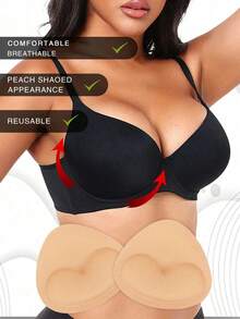 1对加厚衬垫，加厚心形聚拢文胸垫，粘性设计，适用于吊带背心或泳衣，提升胸型，透气泡沫衬里 - 杏色 - 查看 2