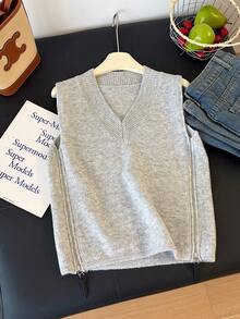 1件女士纯色优雅无袖V领毛衣背心，侧拉链设计，宽松版型，简约套头针织背心 - 淺灰色 - 查看 6