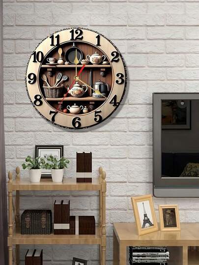 2D 10/12 Inch Wooden Wall Clock, Kitchen Utensil Pattern Design - Silent, Battery Powered, No Ticking Sound, Suitable For Kitchen, Bathroom, Living Room Decor (Batteries Not Included), Kitchen Wall Clock | Decorative Wall Clock | Wooden Wall Clock
