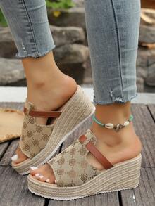 Women's Straw Wedge Rope Open Toe Slippers, Thick Sole Elevated Sandals For Summer Outdoor Wear - Flower Brown - View 3