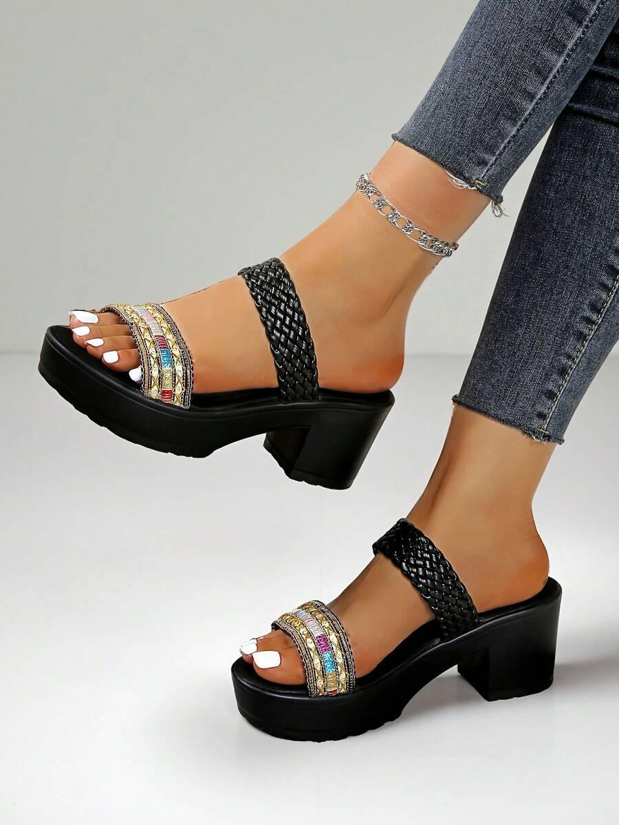 Women's Woven Slip-On High Heel Sandals, Fashionable Minimalist Slip-On Chunky Heel Black Platform Sandals - Black - View 1