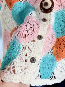 Wixra Macaron Heart Crochet Cardigan, Sweet Hollow Out Short Knit Top - Pink Green - View 7