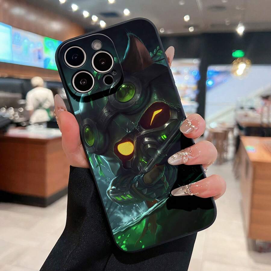 Gato robot con ojos y hojas brillantes. Esta elegante funda es compatible con los modelos 17, 16, 15, 14 Pro Max, 13, 12, 11, XR y XS Plus. Fabricada en silicona de vidrio, ofrece protección contra golpes y caídas, además de una sensación superior. Es un regalo ideal para familiares, amigos y seres queridos, y una opción perfecta para Año Nuevo. - Negro - Ver 1