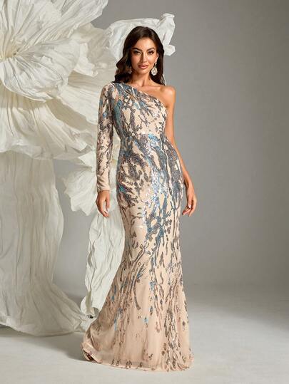 Sequin Patchwork Asymmetrical Shoulder Long Sleeve Glamorous Party Maxi Dress Vacation Elegant Spring