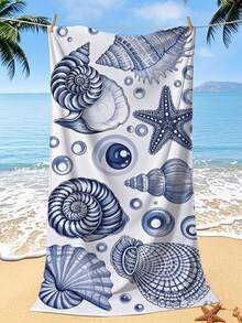1 Ocean Series Beach Towel With Various Shells, Conches, And Coral Prints – Extra-Large Size, Super Soft And Quick-Drying, Waterproof And Sand-Resistant. A Perfect Holiday Essential For Poolside Lounging, Beach Vacations, Yoga Practice, And Outdoor Adventures.
