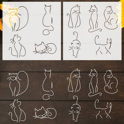 2个7.87英寸大号空心PET塑料猫咪图案模板，宠物猫轮廓草图，DIY绘画工具，适用于木材、织物、包袋、墙壁、石头、地板