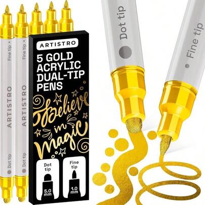 5 Gold Acrylic Paint Markers Rock, Fabric, Wood, Glass, Decoration - Dual - Tip Paint Pens - Stocking Stuffers, Idea For Teens, Grandkids, Kids - Art Supplies
