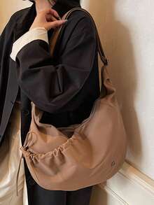 日式纯色尼龙单肩包，时尚褶皱蝴蝶结拉链斜挎包，适合上学/大学/休闲通勤的新月形可折叠手提包 - 彩色 - 查看 16