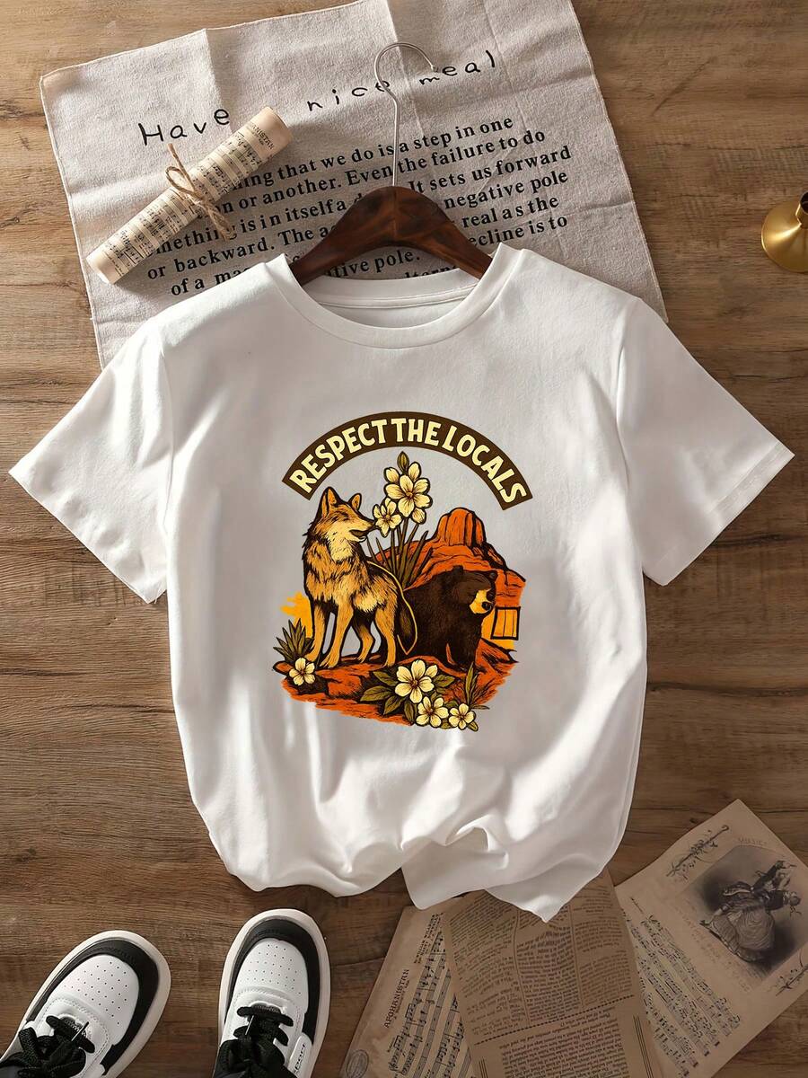 Women's Graphic Tee - "Respect the Locals" Wolf & Flowers Design, Casual Short Sleeve T-Shirt, & Comfortable, Perfect for Everyday Wear - Blanco - Ver 1