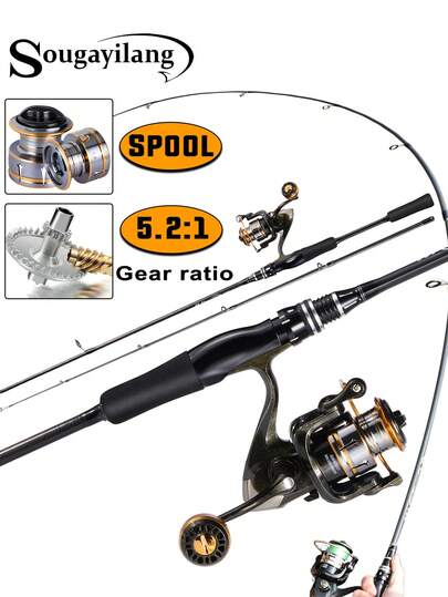 SOUGAYILANG 180cm Carbon Fiber Spinning Rod & Reel Combo, 12lb Line, 5.2:1 Gear Ratio Metal Handle Reel, Suitable For Freshwater & Saltwater, Professional Fishing Gift