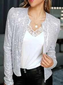 2025 Spring New Women's Fashion Stand Collar Solid Color Sequin Jacket Short Casual Versatile Small Jacket - 銀 - 查看 5