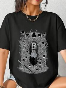 Vintage Unisex Anime T-Shirt Japanese Manga Graphic Tee 100% Cotton Short Sleeve Crew Neck Dark Fantasy Horror Girl With Sword Skulls Demon Skeleton Illustration Gothic Aesthetic-2 - 黑色1 - 查看 1