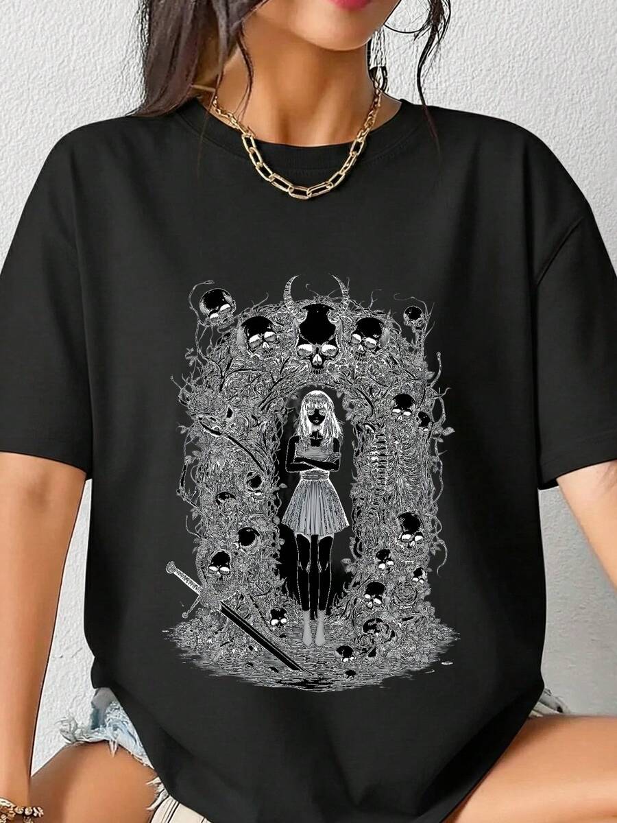 Vintage Unisex Anime T-Shirt Japanese Manga Graphic Tee 100% Cotton Short Sleeve Crew Neck Dark Fantasy Horror Girl With Sword Skulls Demon Skeleton Illustration Gothic Aesthetic-2 - 黑色1 - 查看 1