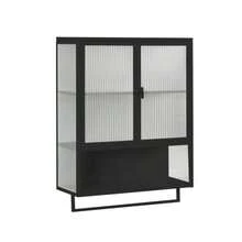60CM Glass Doors Modern Two-Door Wall Cabinet With Featuring Two-Tier Enclosed Storage, An Open Shelf, And Towel Rack, For Entryway Living Room Bathroom Dining Room,Black - Black - View 4