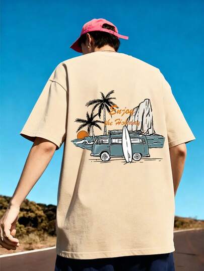 Teenage Boys' Casual Retro Car Graphic Round Neck Short Sleeve T-Shirt, Suitable For Summer Wear, School, Vacation And Shopping