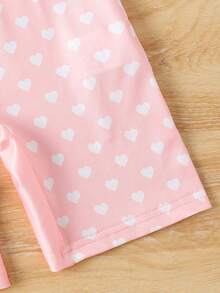 Kleine Mädchen Süß, sanft, elegant, modisch, lässig, Outdoor, süß, vielseitig weißes Herz & korallrosa weiß gestreifter digitaldruck Rundhals Kurzarm Badeanzug, geeignet für Sommerschwimmen - Korallenrosa - Übersicht 7