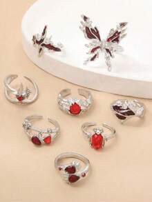 8枚不对称红色水晶玻璃心形戒指，Y2K哥特式蜘蛛戒指，创意复古风格首饰，情人节、母亲节礼物