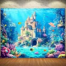 1 pieza Telón de fondo de fotografía de poliéster vibrante con castillo submarino de princesa, vida marina colorida, ideal para celebraciones y eventos de primavera, sin electricidad, decoración de fiesta submarina, plano 2D