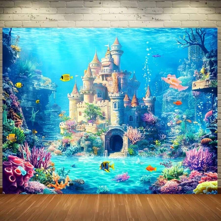 1 pieza Telón de fondo de fotografía de poliéster vibrante con castillo submarino de princesa, vida marina colorida, ideal para celebraciones y eventos de primavera, sin electricidad, decoración de fiesta submarina, plano 2D