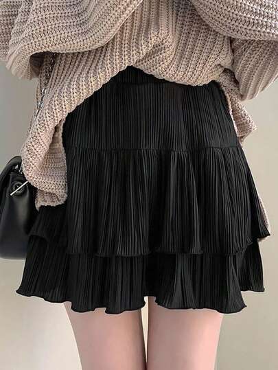 Women's Casual High Waist Layered Solid Color Skirt