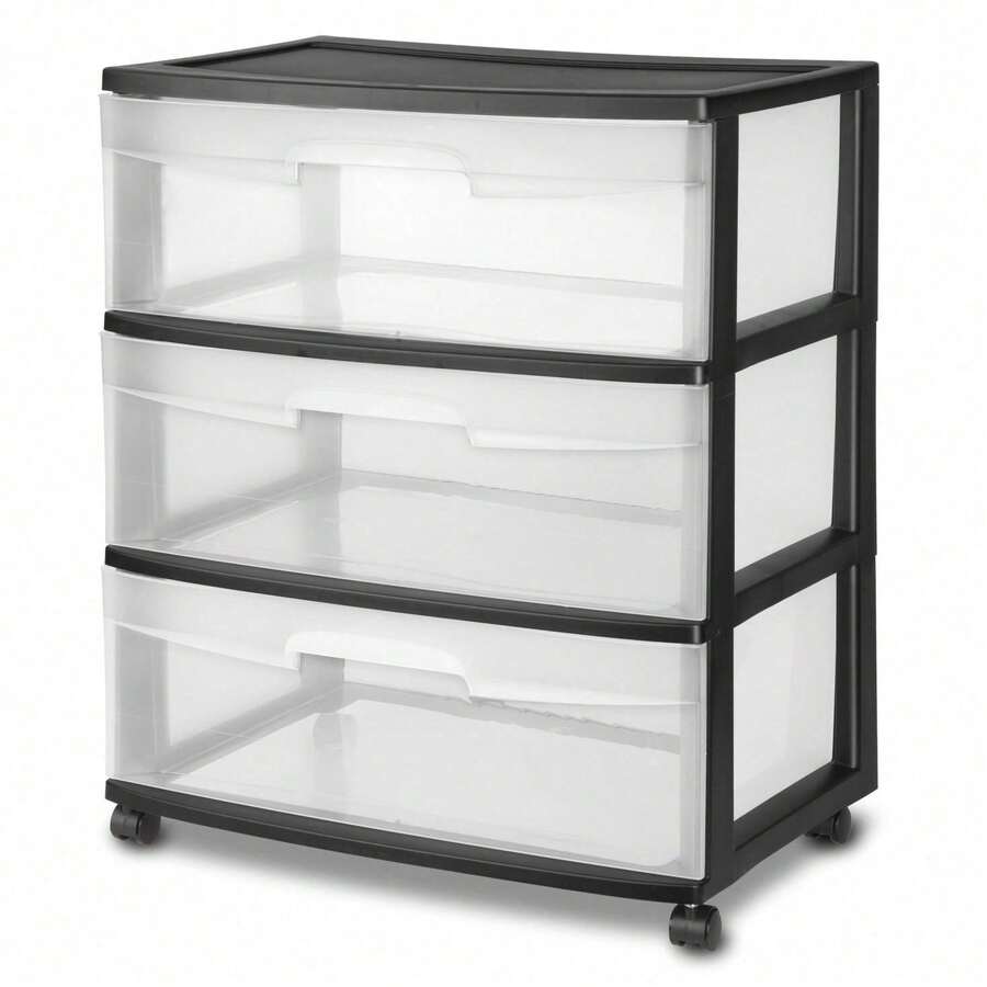 Wide 3 Drawer Cart, Clear Plastic Storage Drawers, Wheels Included, Black - 黑色 - 查看 1