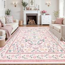 Washable 8x10 Floral Non Slip Low Pile Stain Resistant Area Rugs For Living Room, Bedroom, Girls Room, Farmhouse Dining Room - Pink - Hồng - Xem 9
