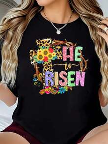 Easter Day Art-Shirt He Is Risen Floral Jesus Easter Day Christians Leopard-Shirt. Casual Crew Neck Short Sleeve Comfort Tee Top Spring &Amp;   Summer. Women's Clothing.Jpg Graphic Tees Men Crop Tops Couple Tee Art Outfits Men-Shirt - 黑色 1pcs WOMEN1 - 查看 1