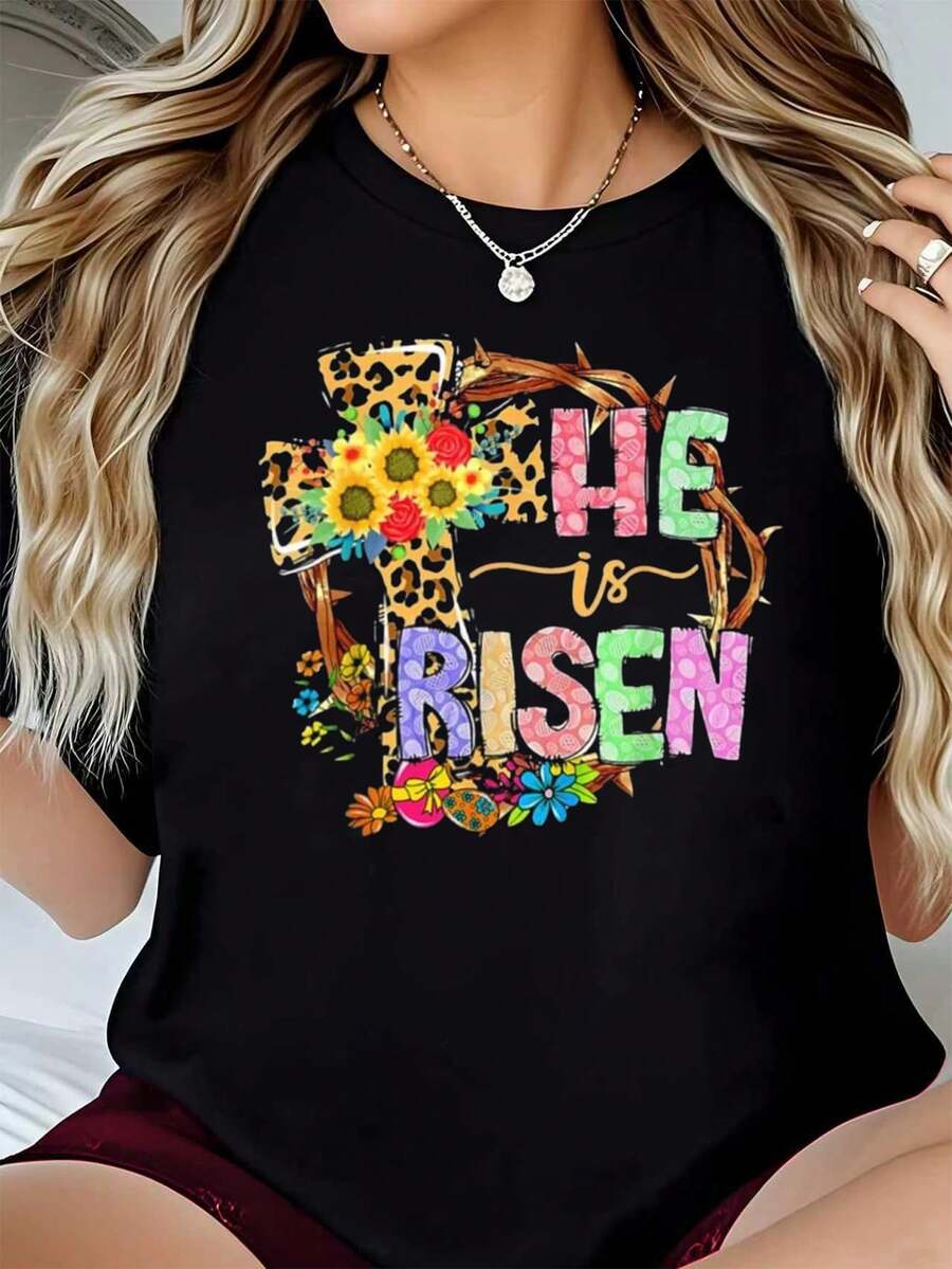 Easter Day Art-Shirt He Is Risen Floral Jesus Easter Day Christians Leopard-Shirt. Casual Crew Neck Short Sleeve Comfort Tee Top Spring &Amp; Summer. Women's Clothing.Jpg Graphic Tees Men Crop Tops Couple Tee Art Outfits Men-Shirt - 黑色 1pcs WOMEN1 - 查看 1
