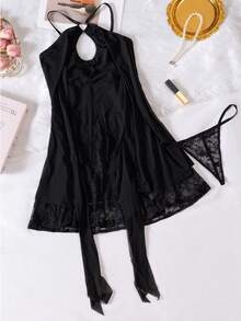 2pcs New Mesh Patchwork Jacquard Lace Sheer Sexy Lingerie Set Includes Camisole And Panty - Black - View 6