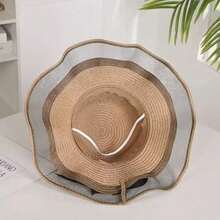 女士宽檐草帽 - 时尚便携的春夏遮阳帽，采用透气轻盈的天然草编面料，内置抽绳防风，饰有可爱蝴蝶结，并具有 UPF 50+ 防紫外线功能，是海滩度假的理想之选。 - 黑色 - 查看 4