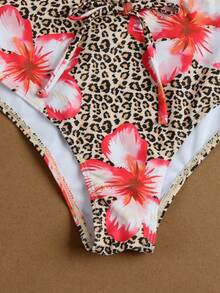 Ladies' Leopard Print Hibiscus Floral Halter Tie-Up Split Bikini, Sexy Vacation Style Two Pieces Swimsuit Set For Women's 2026 Spring Summer, Fashion Swimwear Perfect For Beach, Summer Vacation, Birthday Outfits, Gym Wear, Elegant Dress And Daily Going Out Looks - Multicolor - View 5