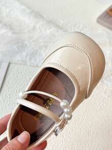 1双米色时尚儿童玛丽珍鞋，女童优雅鞋款，皮革材质，珍珠装饰，魔术贴设计，适合上学、聚会、休闲穿着，四季皆宜的女童皮鞋 - 米色 - 查看 6