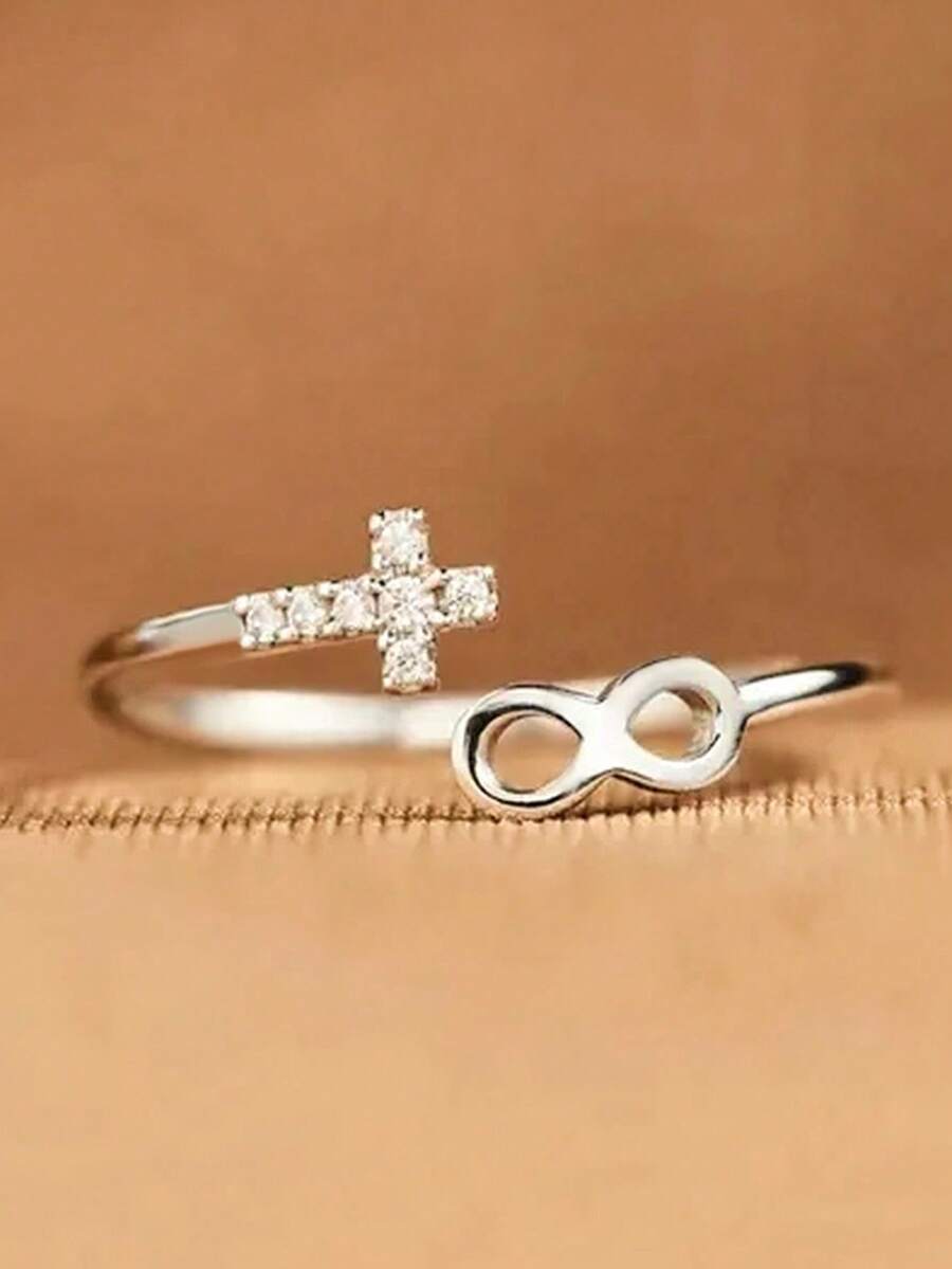 1 chiếc nhẫn hình thánh giá đính đá Cubic Zirconia sang trọng dành cho nữ, thích hợp làm quà tặng đám cưới, lễ đính hôn, kỷ niệm, tiệc tùng hoặc quà tặng ngày Valentine. - Bạc - Xem 1