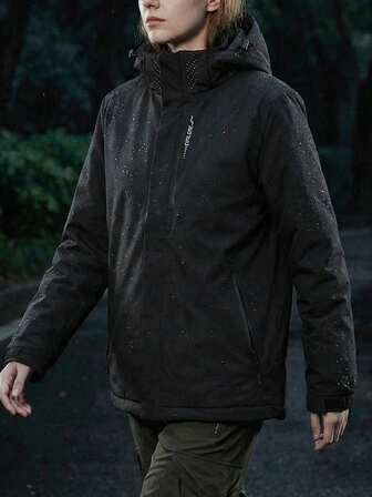 Dam enfärgad svart vattentät vindjacka med huva, vandringsjacka med dragkedja, fickor och bokstavsdekoration