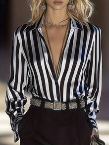 1pc Polyester Striped Contrast Color Button-Up Shirt, Suitable For Everyday Wear, Spring, Summer, Autumn - Black and White - View 1