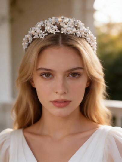 1pc White Rhinestone Crown Headband, Suitable For Women's Wedding, Party, Performance, Ball, Costume Headpiece, Coronas, Tiara, Hair Vine, Accessories