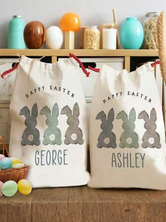 Personalized Name/Number Easter Bunny Gift Bag - Rabbit Themed Easter Egg Hunt Party Favor Bags With Name Focus, Great For Spring, Candies And Small Gifts