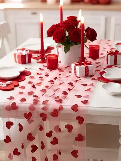 1pc Red Heart-Shaped Mesh Table Runner, Romantic Heart Design Wedding Dining Table Decor, Transparent Heart Pattern Party Background Decor, Decorative Fabric, Suitable For Wedding, Birthday, Anniversary, Bridal Shower, Valentine's Day Engagement, Home Decor, Holiday Party Background, Photography Backdrop