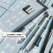 4pcs/Set Cute Bow Retractable Ballpoint Pens, 0.5mm Fine Tip, Black Ink, Smooth Writing, Office & School Supplies, Cartoon Style, For Women, Crystal Diamond Decor, Fashionable, High Quality, Quick-Drying Ballpoint Pens, Suitable For Notebooks, Exams, Office Supplies And Student Gifts - Black - View 11