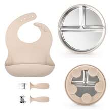 5件套/4件套不锈钢餐具套装，婴儿喂养用具，断奶工具，围兜，不锈钢盘子，不锈钢碗，不锈钢叉勺 - 彩色 - 查看 13