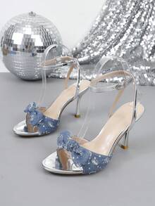 女士时尚粗跟方头性感凉鞋 - 銀色 - 查看 14