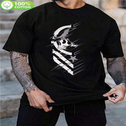 Metals Mulisha Men's Shaker Tee - 180g Heavyweight Cotton Retro Geometric Skull & American Flag Graphic T-Shirt, High Elasticity Straight Fit Round Neck, All-Season Casual & Gym Wear, Machine Washable, Breathable Fabric