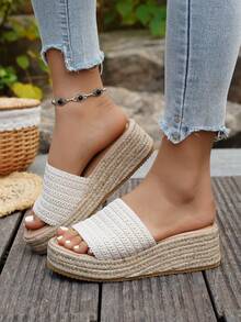 Women's Wedge Heel Rope Peep Toe Sandals, Thick Sole Platform Slip-On Slippers For Summer Outdoor Wear - Beige - View 2