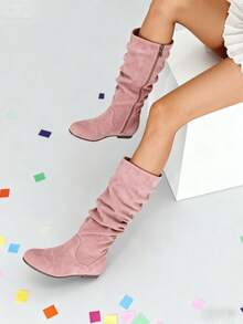 2026 Autumn & Winter Women Flat Round Toe Mid-Calf Boots, Anti-Slip, New Design Slim Slouch Boots With Side Zipper,Boots For Women,Fashionable Women's Long Boots, Knee-High Boots, A Must-Have For Winter,Boots For WomenFall/Winter Women's Brown Elegant & Simple Suede-Like Casual Boots With Pleated Design Side Zipper - Phiên bản nâng cấp màu hồng - Xem 4
